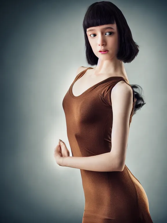 Image similar to hyperdetailed photo of a beautiful ballerina girl with brown eyes and dark bob hairstyle, winds of winter, in a tight dress, cinematic lighting, studio quality