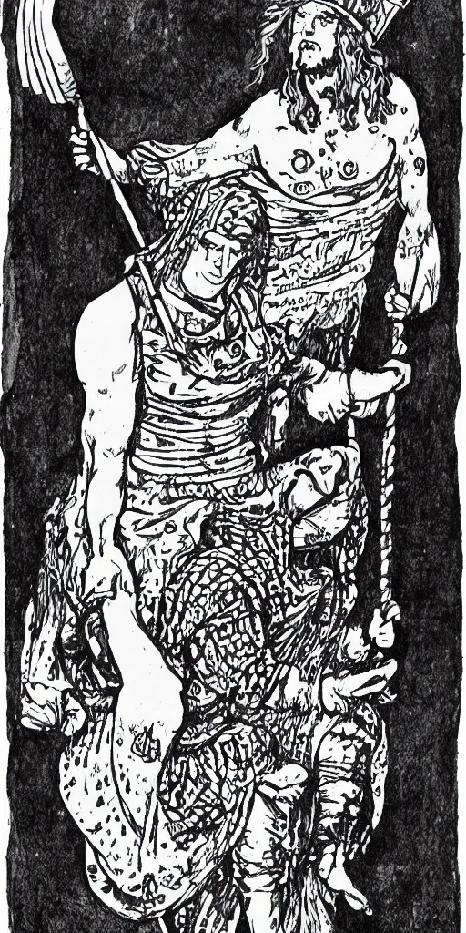 Image similar to The Fool, tarot, black and white ink wash, Sam Webber