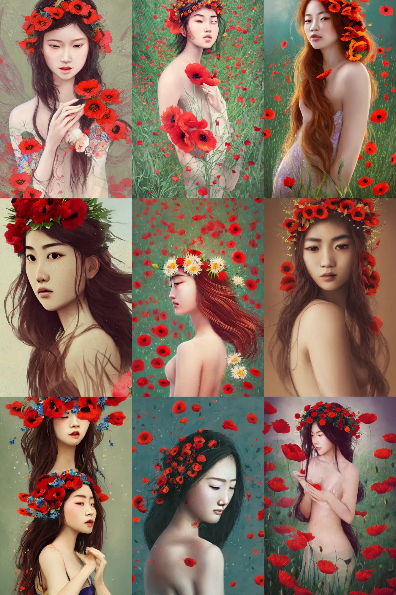 Prompt: Illustration of a beautiful asian girl with freckles, wearing a flower headpiece made of red poppies, long flowy hair, surrounded by big flowers, porcelain skin, cinematic lighting, photo realistic, cinematic lighting, bokeh, warm lights, highly detailed, maya, digital painting, artstation, concept art, sharp focus, illustration, by Mucha