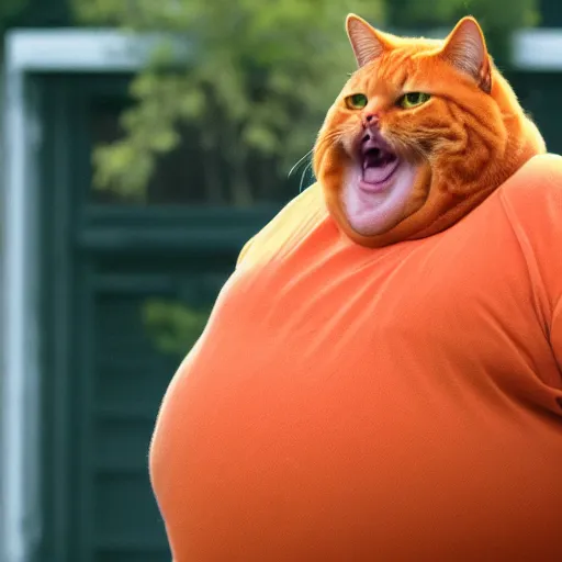 Prompt: a fat guy mocking an orange cat