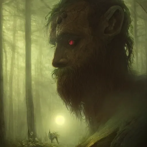 Prompt: anthropomorphic human satyr monster in a dark moonlit forest, horror, dark vibes, digital art, highly detailed, humanoid, by Greg Rutkowski and Schen Teng, trending on artstation, 4k