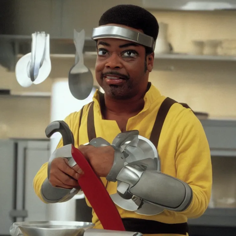 Image similar to geordi laforge wearing visor and a colander and random kitchen tools on his head