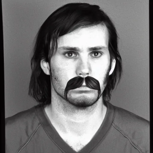 Image similar to A mugshot portrait of a man who looks like Jerma985 with short length wavy hair and a slightly receded hairline and bangs, has a chevron mustache and wearing mid 1980s menswear in the late 1980s, taken in the late 1980s, grainy, realistic, hyperrealistic, very realistic, highly detailed, very detailed, extremely detailed, detailed, trending on artstation, front facing, front view, headshot and bodyshot, detailed face, very detailed face