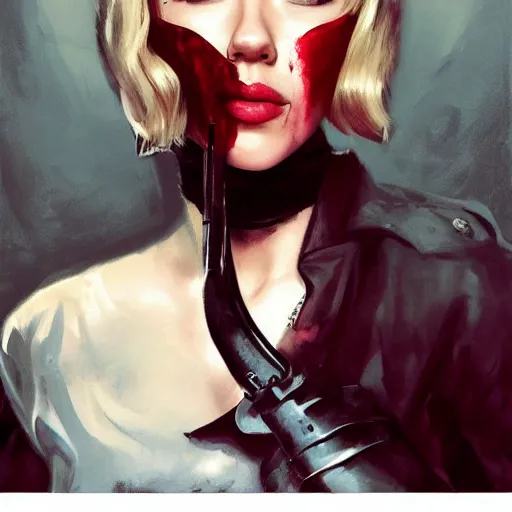 Prompt: painting of scarlett johansson as an evil vampire wearing an eyepatch, epic, tragic, military art, fantasy, dieselpunk, hd shot, digital portrait, beautiful, artstation, comic style, by artgerm, guy denning, jakub rozalski, magali villeneuve and charlie bowater