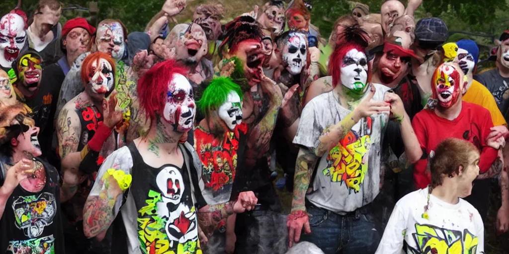 Image similar to Juggalos vs clowns school food fight, detailed facial expressions