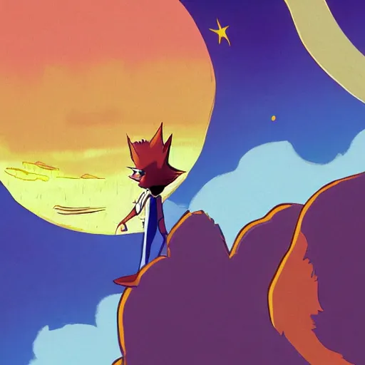 Image similar to the little prince, fox, sunset, gorillaz art style