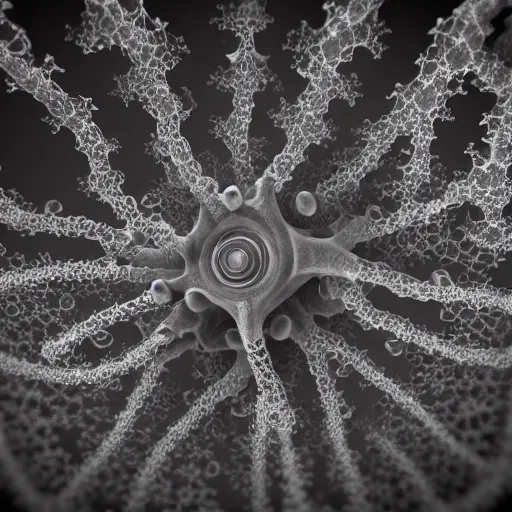 Prompt: a daguerreotype depicting precise details of microscopic shoggoth nanomachines in a fractal neuronal mycelial network, unreal engine cinema 4 d photorealism volumetric lighting