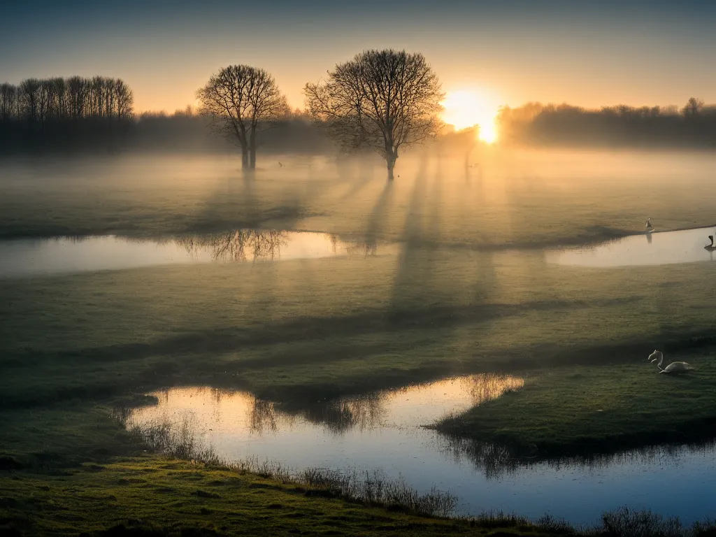 Image similar to A landscape photo taken by Kai Hornung of a river at dawn, misty, early morning sunlight, cold, chilly, two swans swim by, rural, English countryside