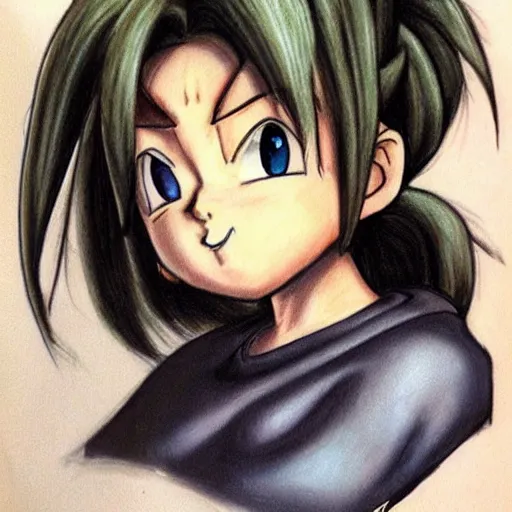 Image similar to hyper realistic drawing of bulma from dragonball z.