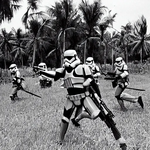 Image similar to star wars clone troopers combat soldiers in vietnam, photo, old picture, lush landscape, jungle, firearms, explosions, helicopters, aerial combat, active battle zone, flamethrower, air support, jedi, land mines, gunfire, violent, star destroyers, star wars lasers, sci - fi, jetpacks, agent orange, bomber planes, smoke, trench warfare