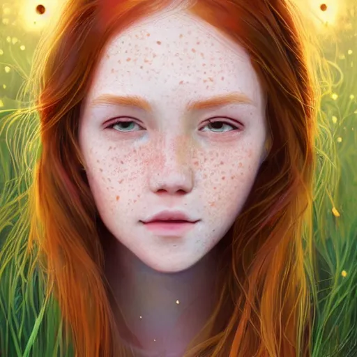 Prompt: portrait of a red haired girl, long hair, green eyes, hint of freckles, beautiful round face, soft amazed smiles, among golden fireflies, highly detailed, deep focus, elegant, digital painting, smooth, sharp focus, golden ratio, illustration, ultra realistic, 8 k, art by studio ghibli, deviantart, artstation