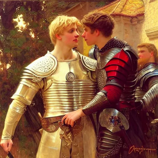 Image similar to attractive fully clothed arthur pendragon confesses his love for his attractive fully clothed male knight. highly detailed painting by gaston bussiere and j. c. leyendecker 8 k