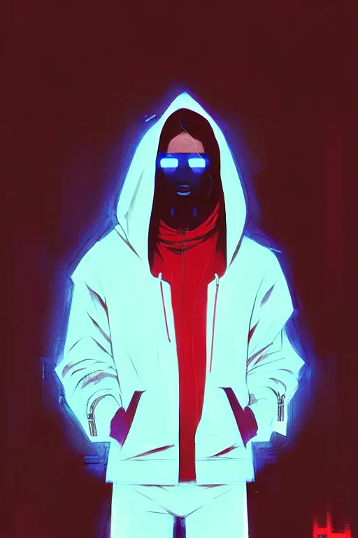 Prompt: cyberpunk synth, hyper - realistic portrait of a man in a white and red hoodie, cyberpunk, by atey ghailan, by greg rutkowski, by greg tocchini, by james gilleard, by joe fenton, by kaethe butcher, dynamic lighting, gradient light blue, brown, blonde cream and white color scheme, grunge aesthetic