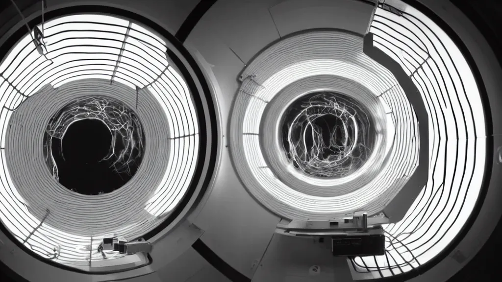 Image similar to an mri image open mri machine time tunnel portal in the living room, film still from the sci fi movie directed by denis villeneuve with art direction by salvador dali, wide lens