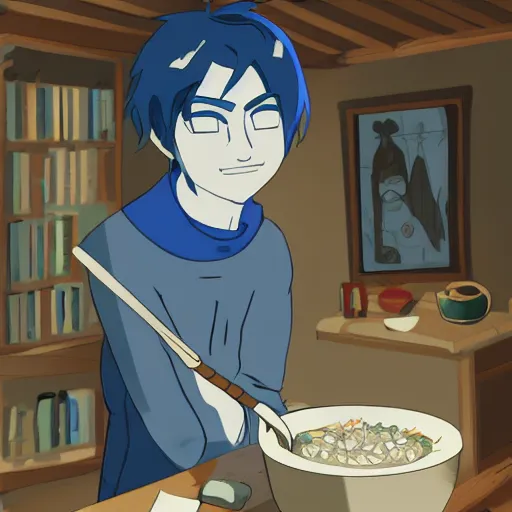 Image similar to concept art painting of an young man with blue skin, in a medieval living room, cooking rice, cel shaded, in the style of makoto shinkai and and studio ghibli