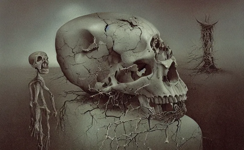 Image similar to a surrealistic painting of the slate theory origin and a human skull, in the style of zdzislaw beksinski and mark ryden, digital art, detailed masterpiece