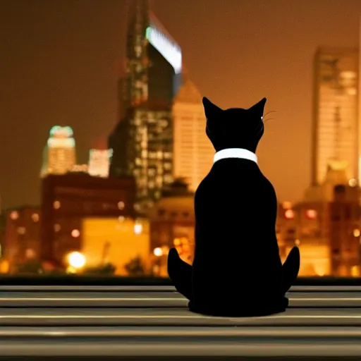 Image similar to photo of black photo of a Tuxedo Cat wearing a top hat, sitting on a rooftop at night time, Philadelphia skyline at night in the background