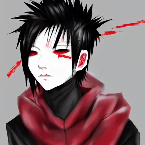 Image similar to Asian goth, male, black lipstick, pale skin, detailed spiky red hair, detailed, wearing bloody bandages, leather clothing, 4K, drawn by Ai Yazawa