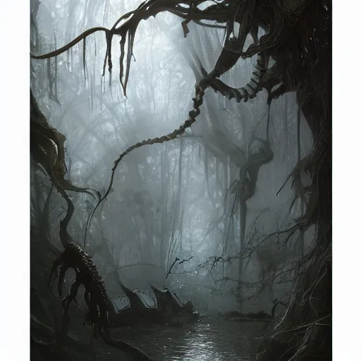 Image similar to epic hyperdetailed portrait of a haunting 🐙🕷 lurking in the shadows. by greg rutkowski, highly detailed portrait, rococo, digital painting, artstation, concept art, smooth, sharp foccus ilustration, artstation hq. intricate, elegant. art by wlop and artgerm and greg rutkowski and alphonse mucha, masterpiece. misty rainforest