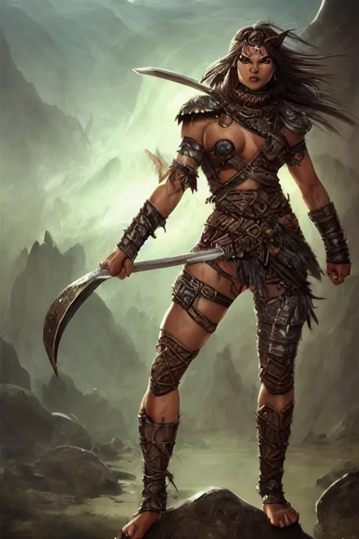 Prompt: Female barbarian, heavy brown metallic armor, black leggins, swords, gorgeous and beautiful, light brown messy hair, dark skin, brown eyes, detailed face, battle stance, high fantasy, extremely detailed, alone, on a rock, DND, D&D, matte painting, by wlop and peter mohrbacher