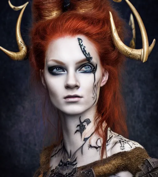 Prompt: 5 5 mm portrait of an armored gorgeous anesthetic redhead woman warrior with a face tattoo and horns growing from her head. in a magical forest in the style of stefan kostic, art by luis royo. highly detailed 8 k. intricate. lifelike. soft light. nikon d 8 5 0. cinematic post - processing