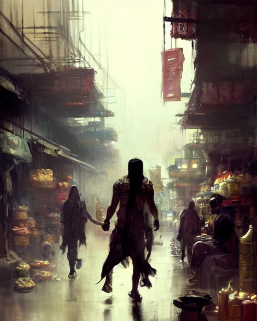 Prompt: fantasy concept art by jeremy mann depicting colin farrell as an ancient egyptian rogue walking through a busy oriental market