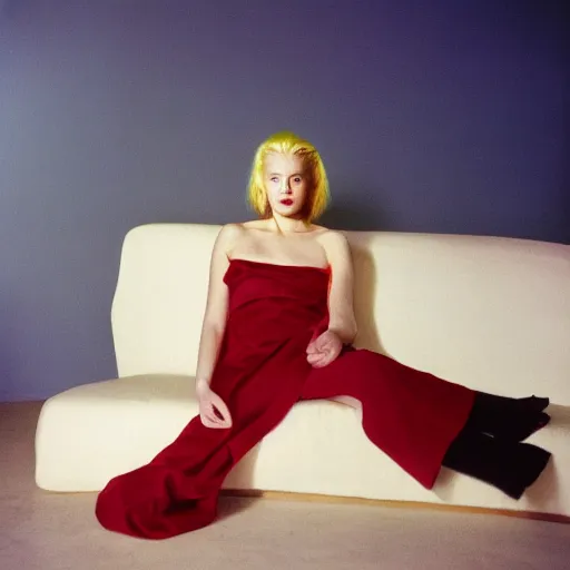 Image similar to realistic photoshoot for a new balenciaga lookbook, color film photography, portrait of a beautiful blonde woman, in style of nan goldin, 35mm