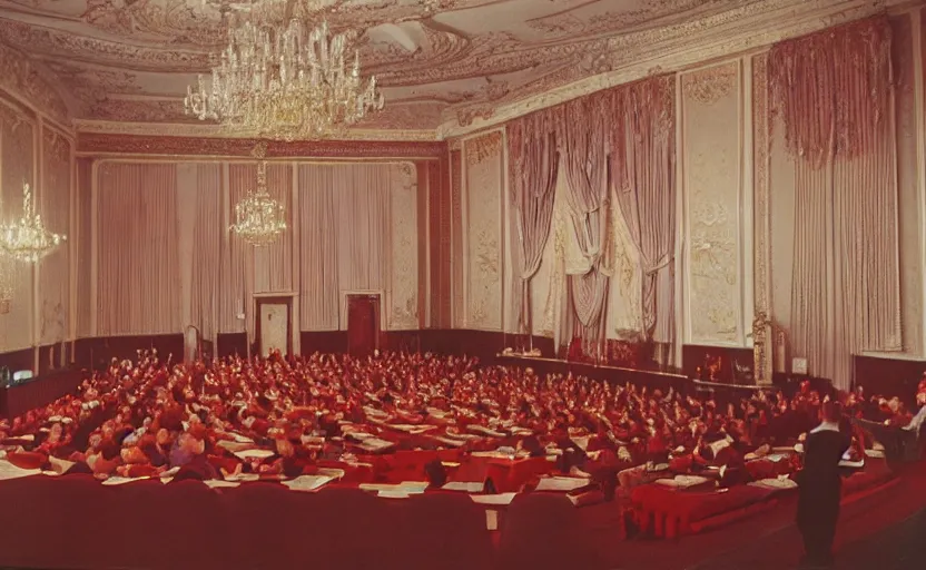 Image similar to 60s movie still of a CCCP congress in a stalinist style palace, by Irving Penn , cinestill 800t 35mm eastmancolor, heavy grainy picture, very detailed, high quality, 4k, HD criterion, precise texture