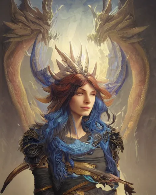 Image similar to Portrait of a Fantasy azure dragon hunter, HD, illustration, epic, D&D, fantasy, intricate, elegant, highly detailed, digital painting, artstation, concept art, smooth, sharp focus, illustration, art by artgerm and greg rutkowski and alphonse mucha, monster hunter illustrations art book