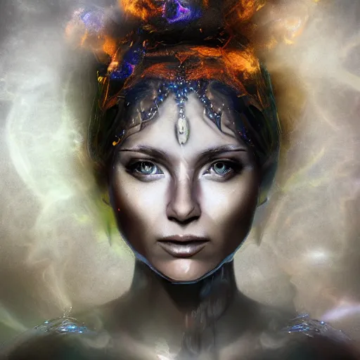 Image similar to goddess portrait ,drawn in water ,fire,smoke,hyper realistic,photo real, concept art, nebulas trail as she moves highly detailed, hdri, 4k -
