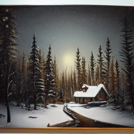 Image similar to snowy forest night scene in a single wooden cabin surrounded by the woods with one illuminated window, horror dark contrast, oil painting