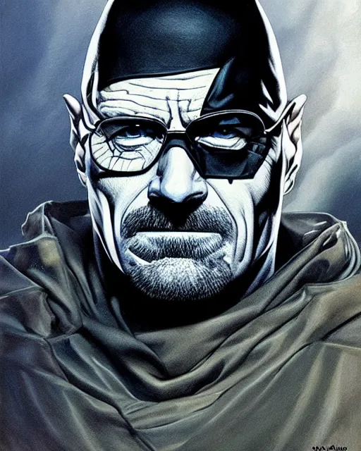 Image similar to portrait of walter white as the batman, illustration, art by neil gaiman and peter elson