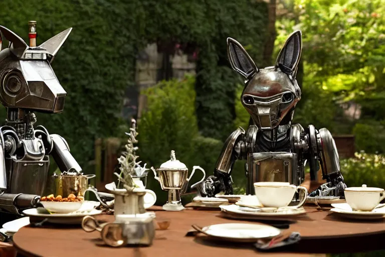 Prompt: film still from the movie chappie of the robot chappie shiny metal outdoor park plants garden scene bokeh depth of field several figures sitting down at a table having a delicious grand victorian tea party furry anthro anthropomorphic stylized cat ears wolf muzzle head android service droid robot machine fursona