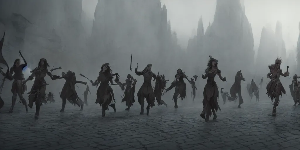 Prompt: cinematic, concept art, high fantasy matte painting, of a female bard and her adventuring party running from an angry crowd, foggy, depth of field, 8k, 35mm film grain, unreal engine 5 render