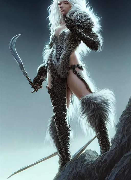 Image similar to fur coated armor!!! long wild white hair!! covered chest!!! fantasy, d & d, intricate ornate details, symmetry, concept art, sharp focus, illustration, art by artgerm! greg rutkowski magali villeneuve wlop! ilya kuvshinov!!, octane render, unreal engine 5, highly rendered!!