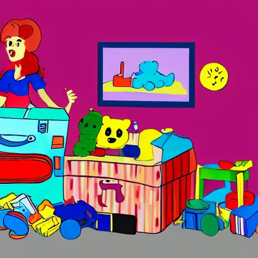 Image similar to a painted cartoonish scene, an open suitcase sits on a table, the open suitcase contains a vast pile of toys, the pile of toys rises all the way to the ceiling, the pile of toys blocks the background, a woman stands next to the table and suitcase, the woman holds more toys