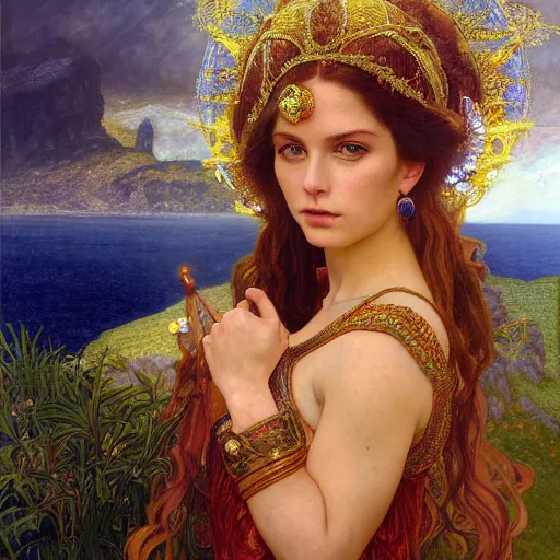 Image similar to an portrait of a beautiful alluring female goddess, detailed, centered, digital painting, artstation, concept art, donato giancola, Dante Gabriel Rossetti, alphonse mucha, Joseph Christian Leyendecker, WLOP, Boris Vallejo, Annie Leibovitz and Steve McCurry, David Lazar, Jimmy Nelsson, Breathtaking, 8k resolution, extremely detailed, beautiful, establishing shot, artistic, hyperrealistic, beautiful face, octane render