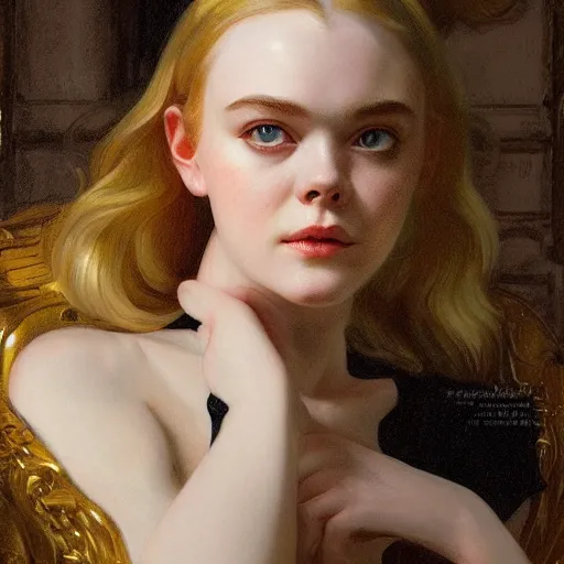 Image similar to Elle Fanning in a dark room, artstation, by J. C. Leyendecker and Peter Paul Rubens, Extremely detailed. 4K. Award winning.