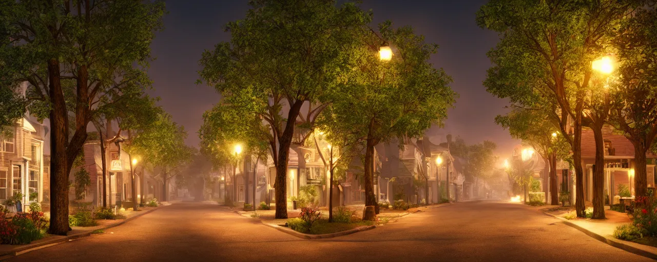 Prompt: The quaint streets of a small suburban town at night, beautiful, suburbs in America, tree-lined streets, cookie-cutter homes, shiny cars, swimming pools, tree's, plants, nature, street, vibrant colors, misty, cinematic lighting, cinematic color grading, 8k render, hyperrealistic