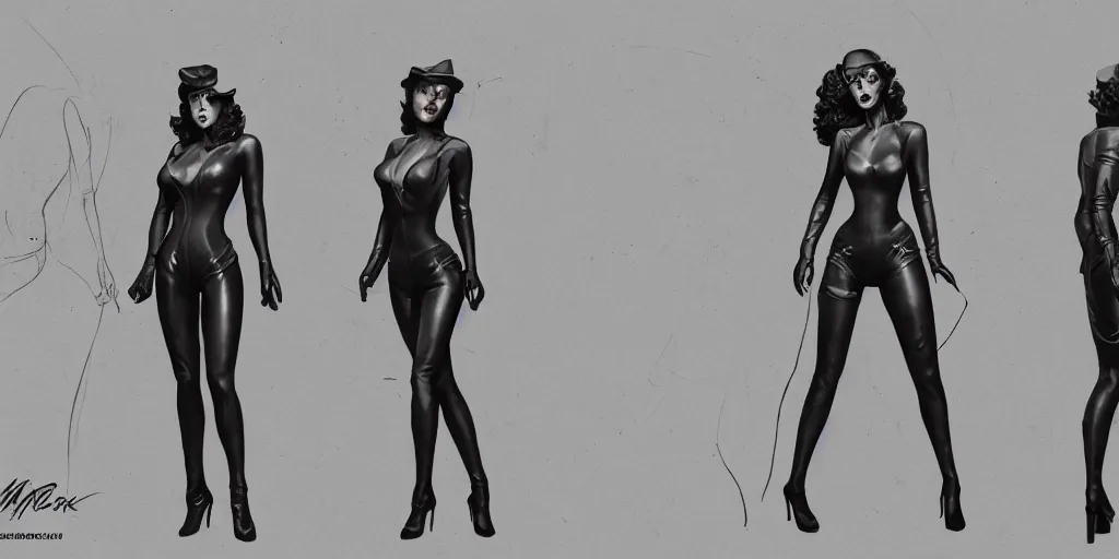 Prompt: noir girl 4 0 s film, character sheet, concept design, contrast, milo manara, frank miller, hot toys, kim jung gi, greg rutkowski, zabrocki, karlkka, jayison devadas, trending on artstation, 8 k, ultra wide angle, pincushion lens effect