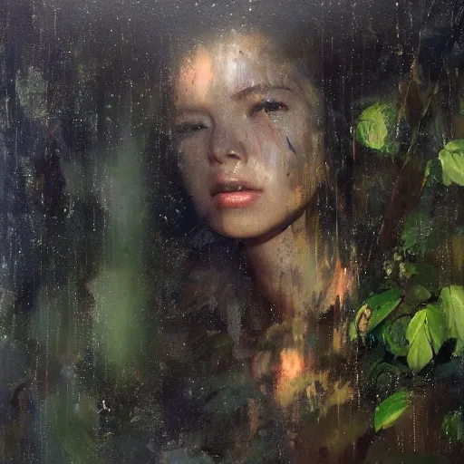 Image similar to a portrait of a character in a rainforest by Ruan Jia, raining