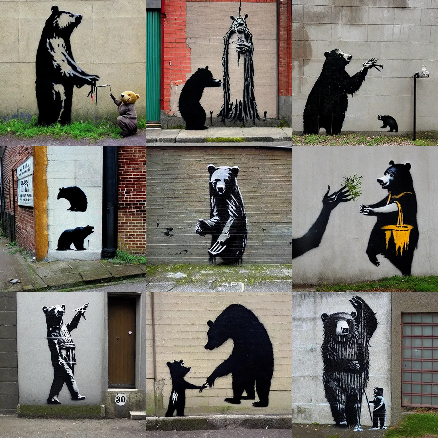 Prompt: banksy street art about bear druids