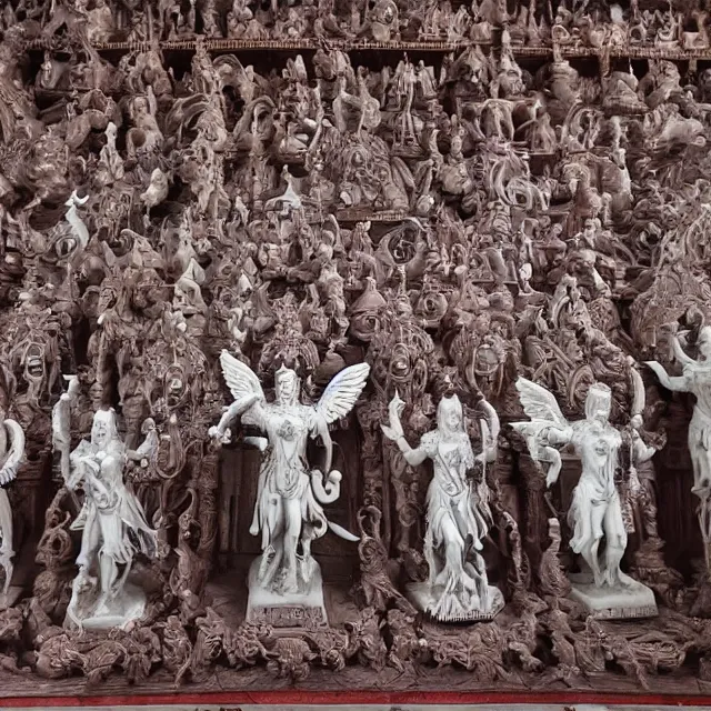 Prompt: sacred hindu blood temple, baphomet statue at the center, angel statues, 8 0's horror movie film still, highly detailed, symmetry, award - winning photography, 1 2 0 mm