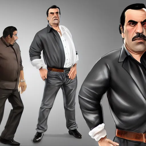 Image similar to a midage italian male, beardless, short black hair with gel, overweight, fine white shirt, leather belt, black pants, leather shoes, smoking a cigar, full body, gta v style, concept art, highly detailed, hyper realistic, unreal engine