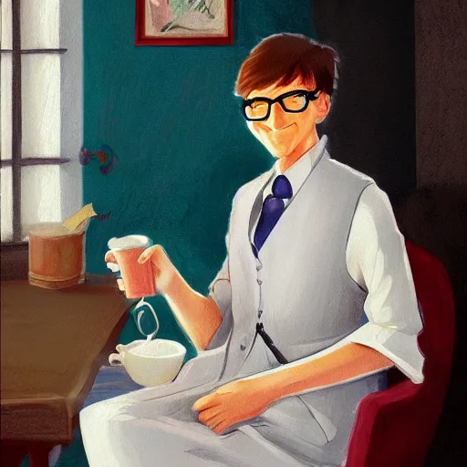 Prompt: drawing of Bill Gates crossdressing in linen dress while drinking tea, in the style of studio ghibli and Konstantin Razumov, fine details, high quality