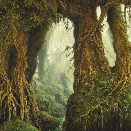 Image similar to a beautiful and highly detailed oil painting of a secret valley deep in the mountains, ancient trees, wooden structures, intricate details, epic scale, insanely complex, 8 k, sharp focus, hyper realism, fantasy landscape, psychedelic, by caspar friedrich and brian froud,