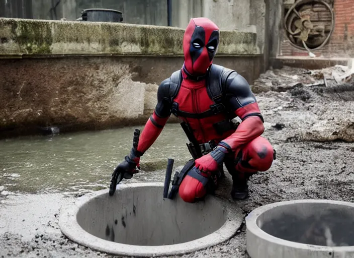 Prompt: film still of deadpool cleaning a sewer in the new dirty jobs tv series, 4 k