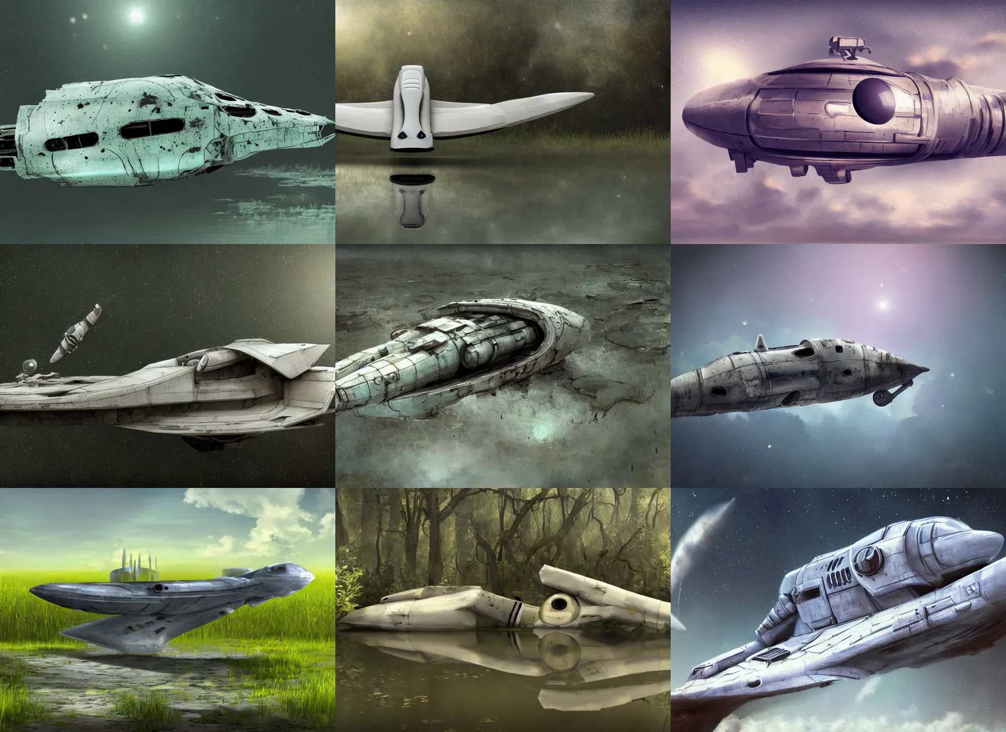 Prompt: soft focus semi-realistic cute damaged spaceship with landing gear down landing on a swamp