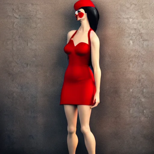 Image similar to woman, red short dress, black hair, by milo manara, 3 d render, red high heels, face, house, milo manara illustration