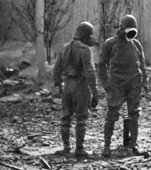 Prompt: man in chemical suit and gasmask at distance in chernobyl, ww1 film photo, grainy, high detail, high resolution